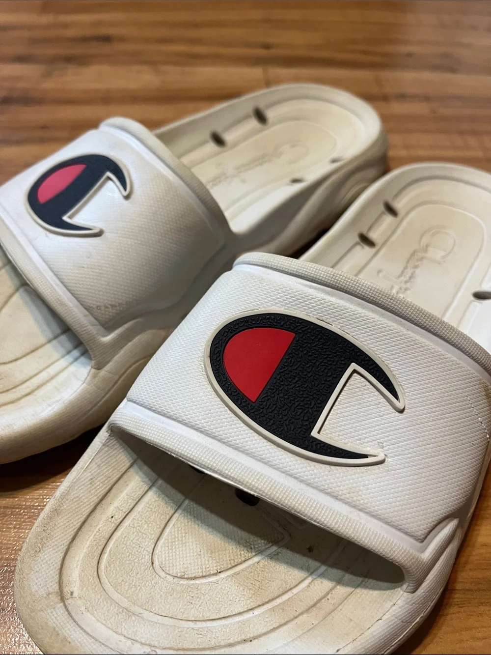 Champion White youth Slide Sandals with Red & Black Logo